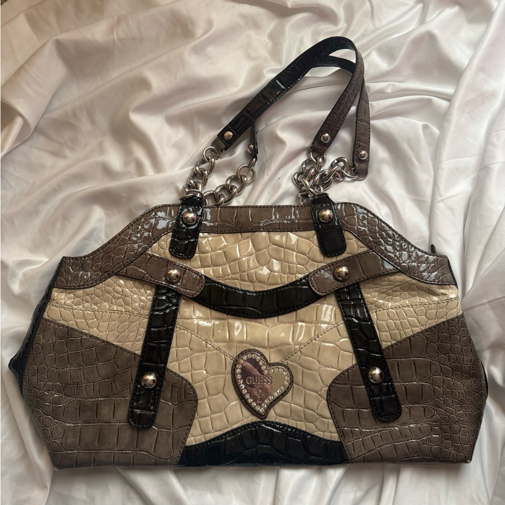 Guess Women's Brown and Cream Croc-Embossed Bag Y2K